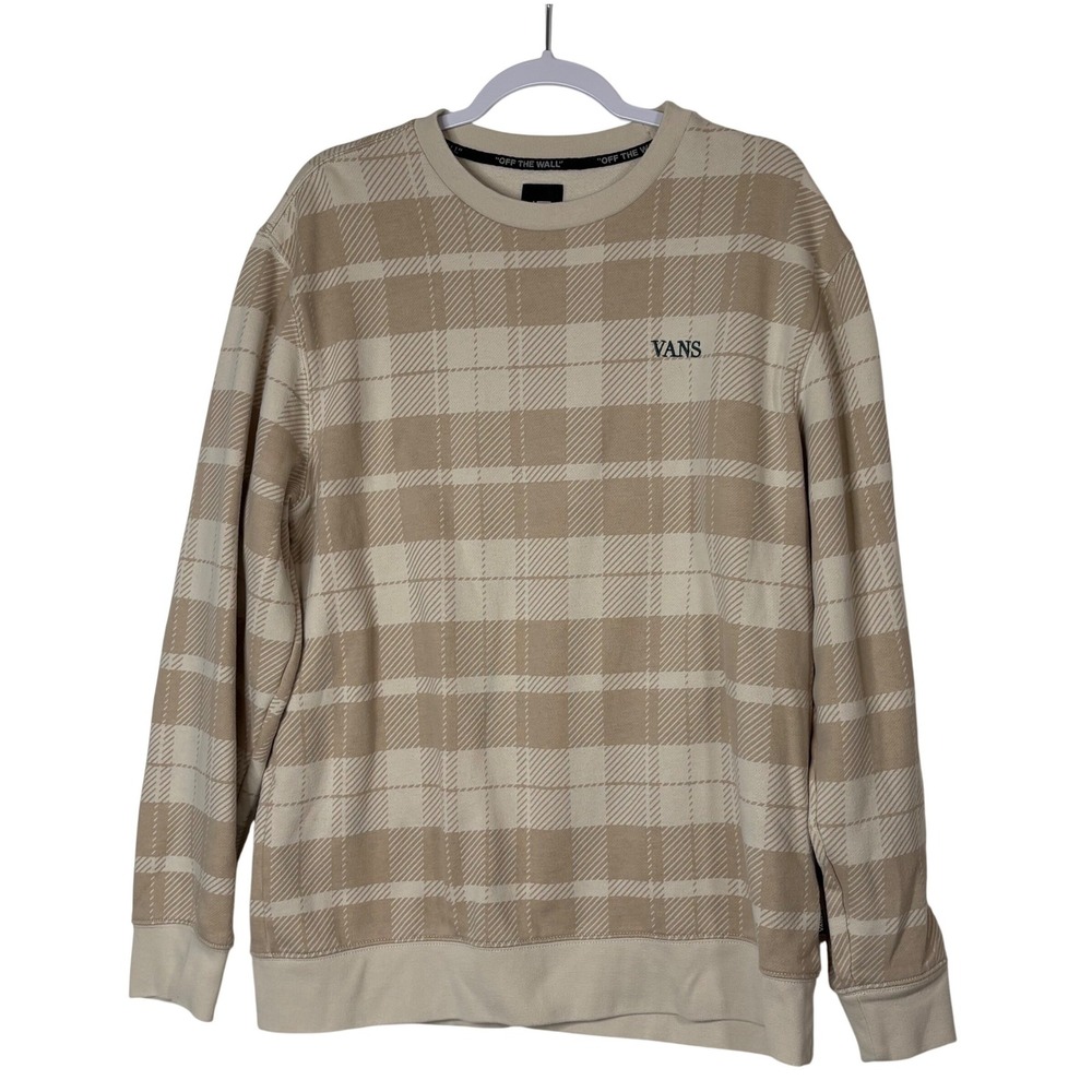 Vans Anaheim Mens XL Plaid Crewneck Sweatshirt Tan Cream Beige Spellout‎ Logo